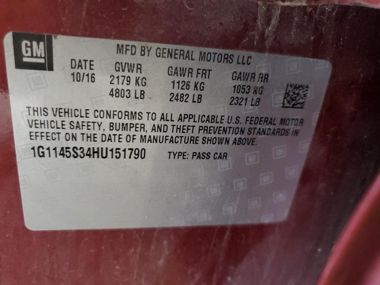 2017 Chevrolet Impala Premier VIN: 1G1145S34HU151790 Lot: 69983285