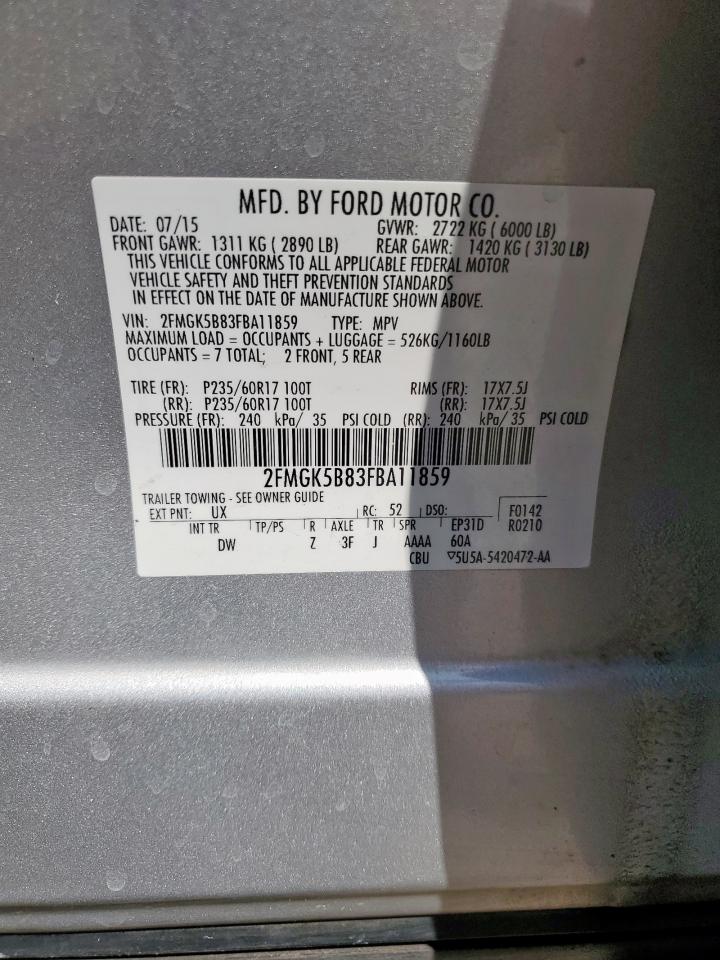 2015 Ford Flex Se VIN: 2FMGK5B83FBA11859 Lot: 69056225