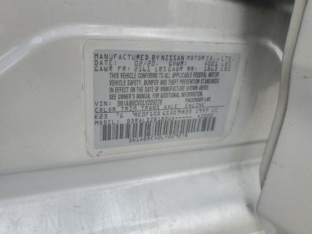 2020 Nissan Sentra Sv VIN: 3N1AB8CV2LY229278 Lot: 68965525