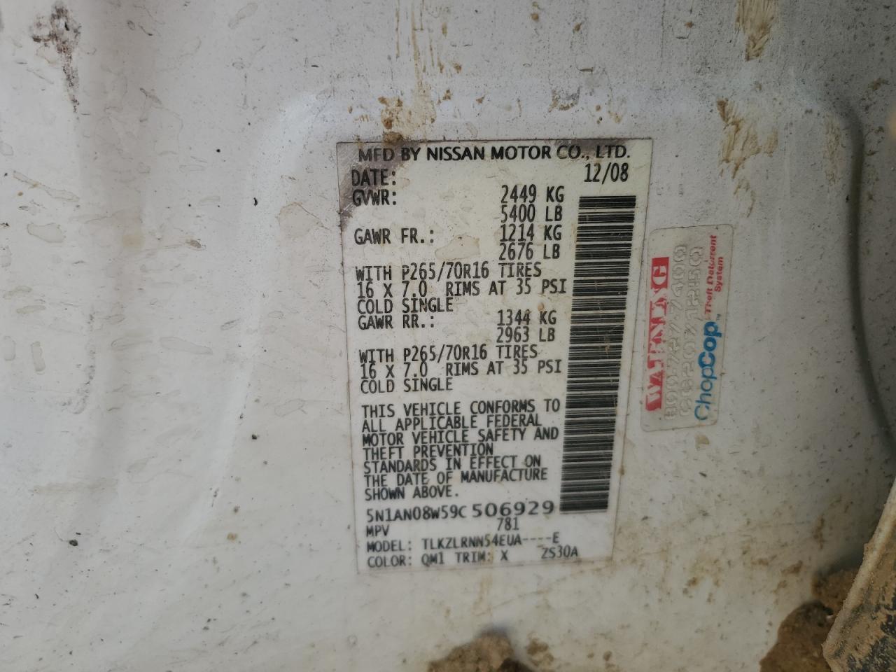 2009 Nissan Xterra Off Road VIN: 5N1AN08W59C506929 Lot: 68717825