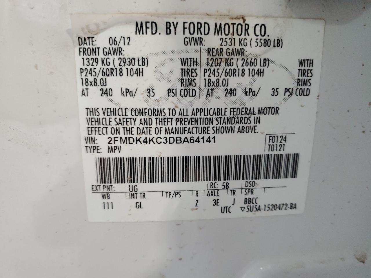2013 Ford Edge Limited VIN: 2FMDK4KC3DBA64141 Lot: 67816295