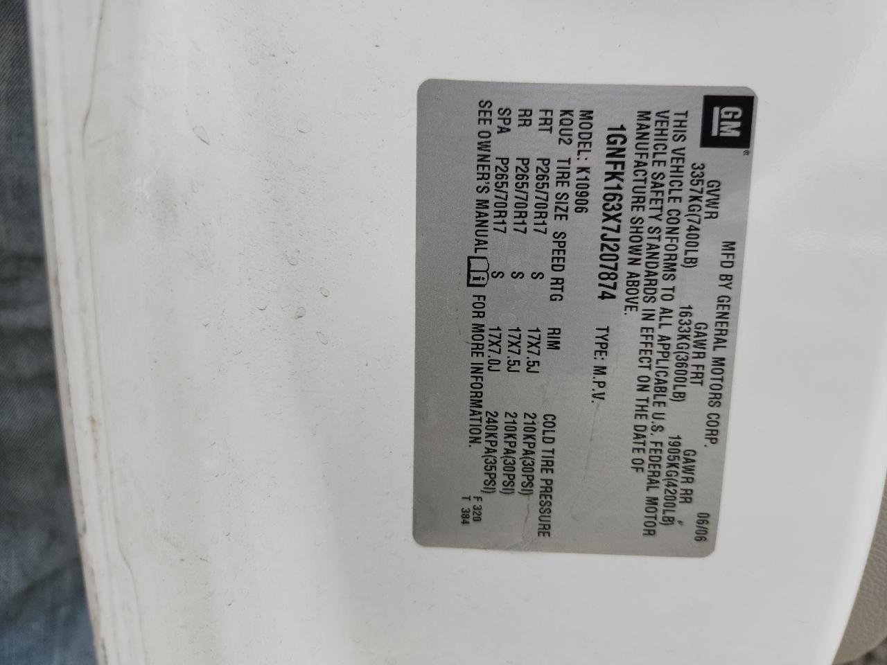 2007 Chevrolet Suburban K1500 VIN: 1GNFK163X7J207874 Lot: 70390645