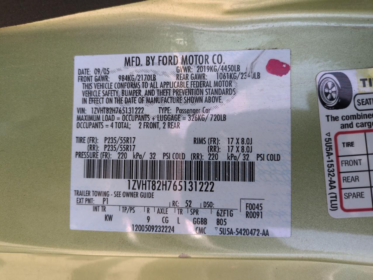 2006 Ford Mustang Gt VIN: 1ZVHT82H765131222 Lot: 68957305