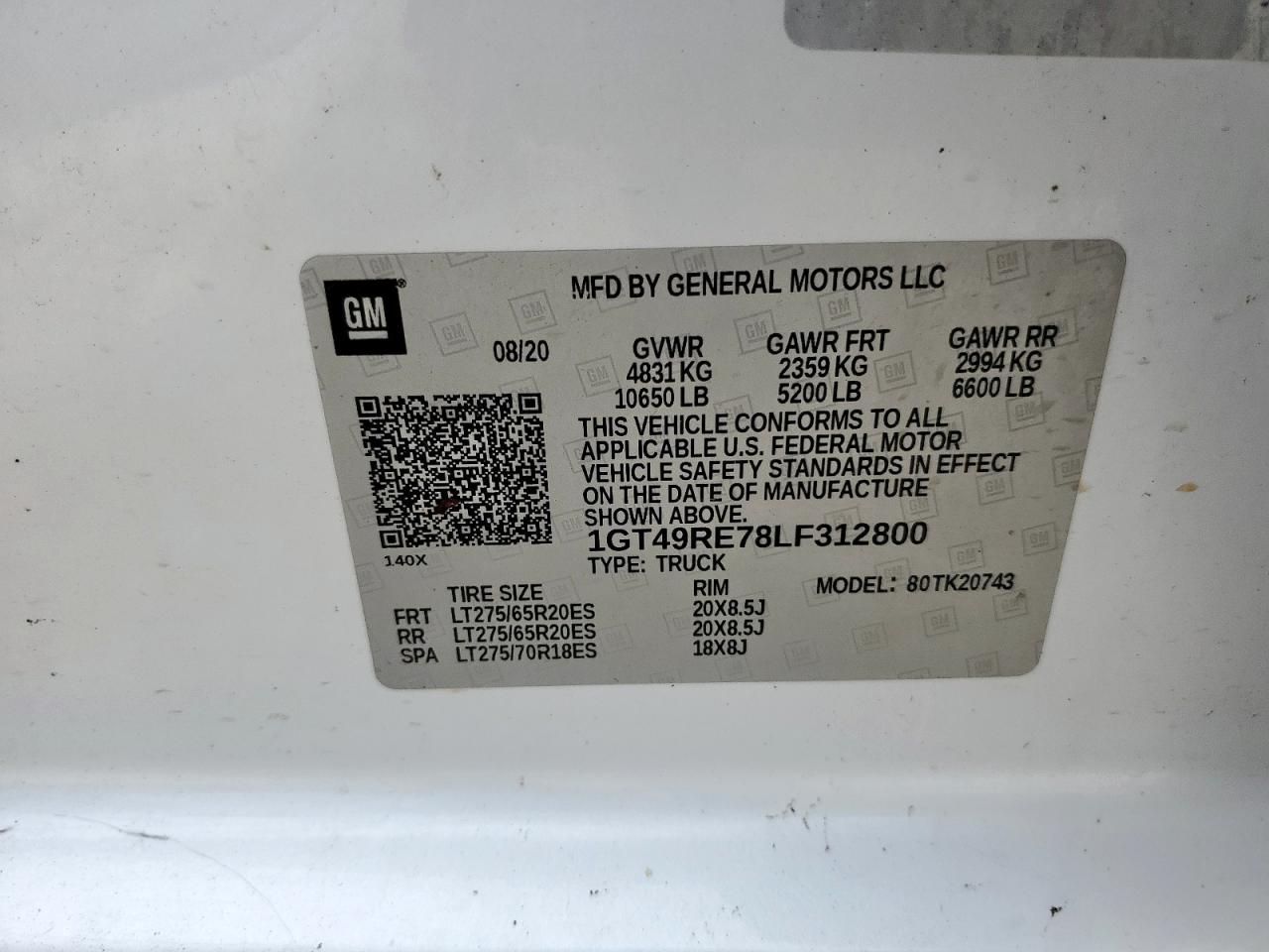 2020 GMC Sierra K2500 Denali VIN: 1GT49RE78LF312800 Lot: 70684095