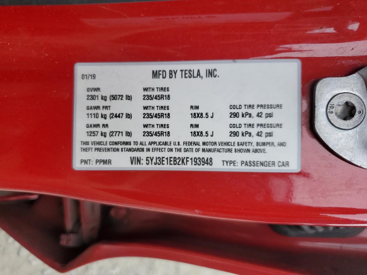 2019 Tesla Model 3 VIN: 5YJ3E1EB2KF193948 Lot: 69200865