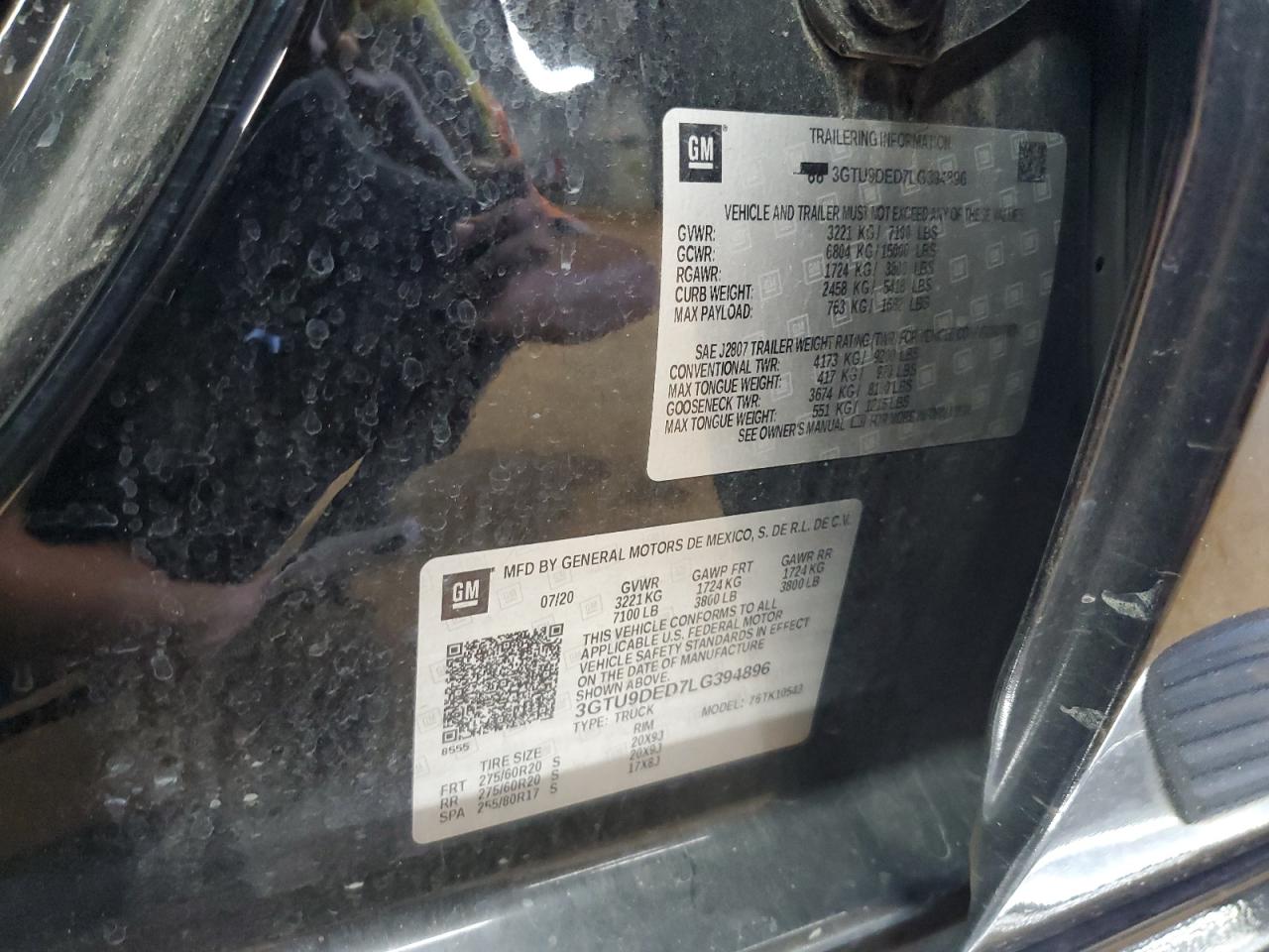 2020 GMC Sierra K1500 Slt VIN: 3GTU9DED7LG394896 Lot: 70737305