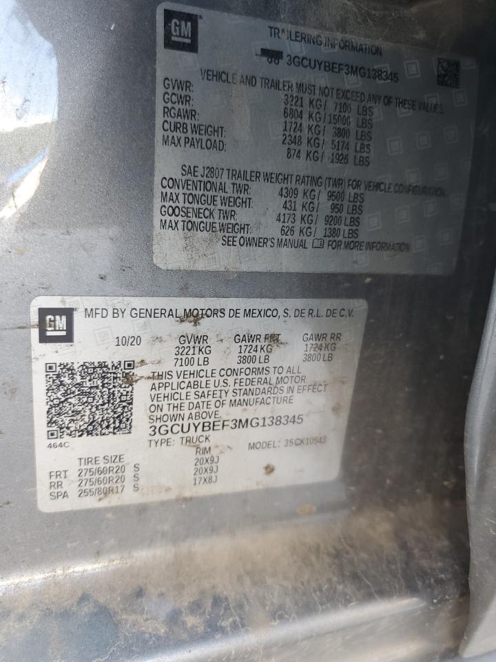 2021 Chevrolet Silverado K1500 Custom VIN: 3GCUYBEF3MG138345 Lot: 69365705