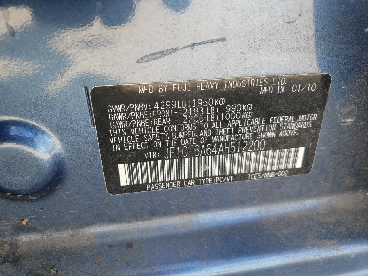 2010 Subaru Impreza 2.5I VIN: JF1GE6A64AH512200 Lot: 69673315