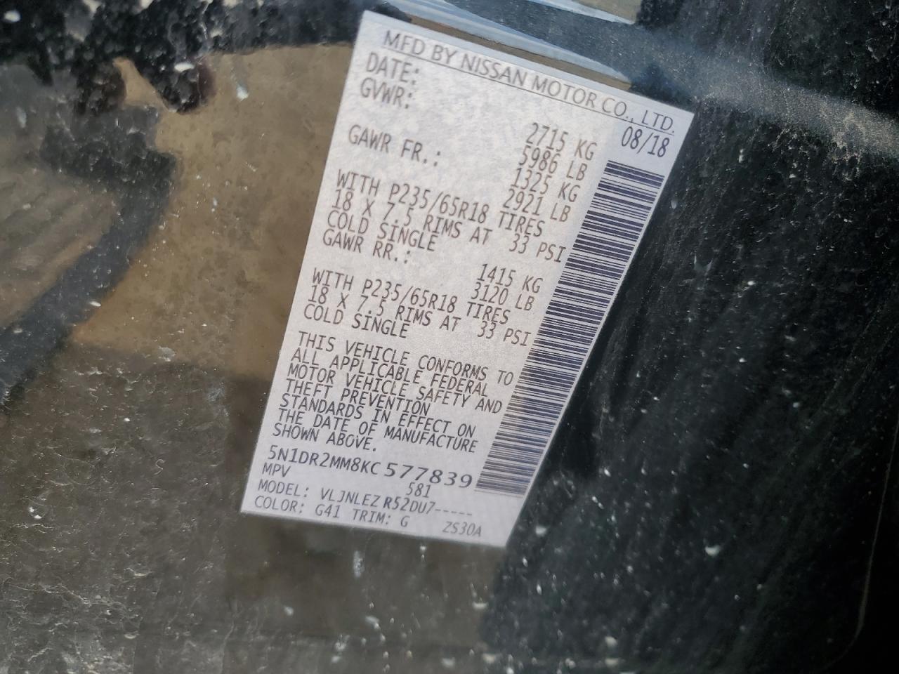 2019 Nissan Pathfinder S VIN: 5N1DR2MM8KC577839 Lot: 67529825