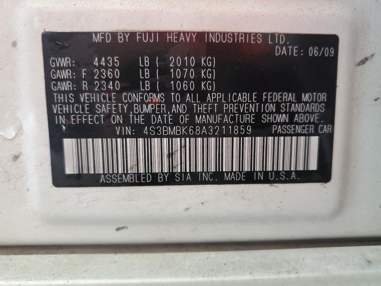 2010 Subaru Legacy 2.5I Limited VIN: 4S3BMBK68A3211859 Lot: 70022015