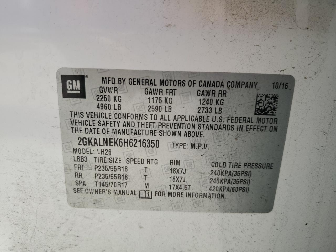 2017 GMC Terrain Sle VIN: 2GKALNEK6H6216350 Lot: 70306735