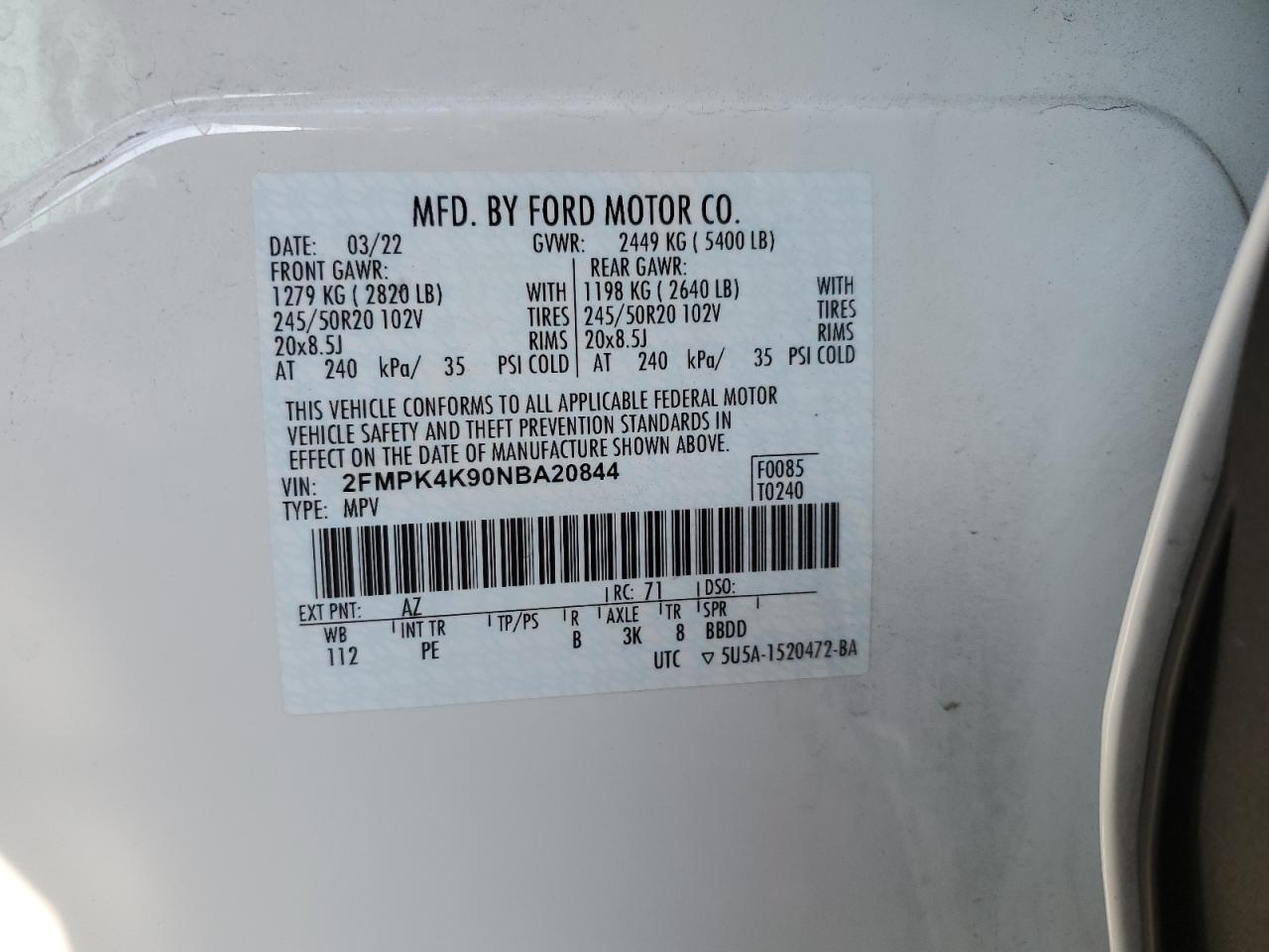 2022 Ford Edge Titanium VIN: 2FMPK4K90NBA20844 Lot: 67325655