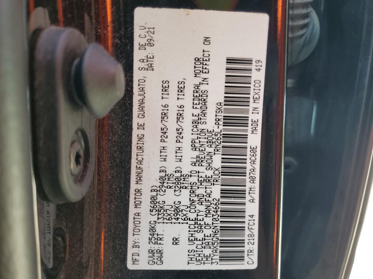 2022 Toyota Tacoma Double Cab VIN: 3TYAX5GN6NT034662 Lot: 67445545