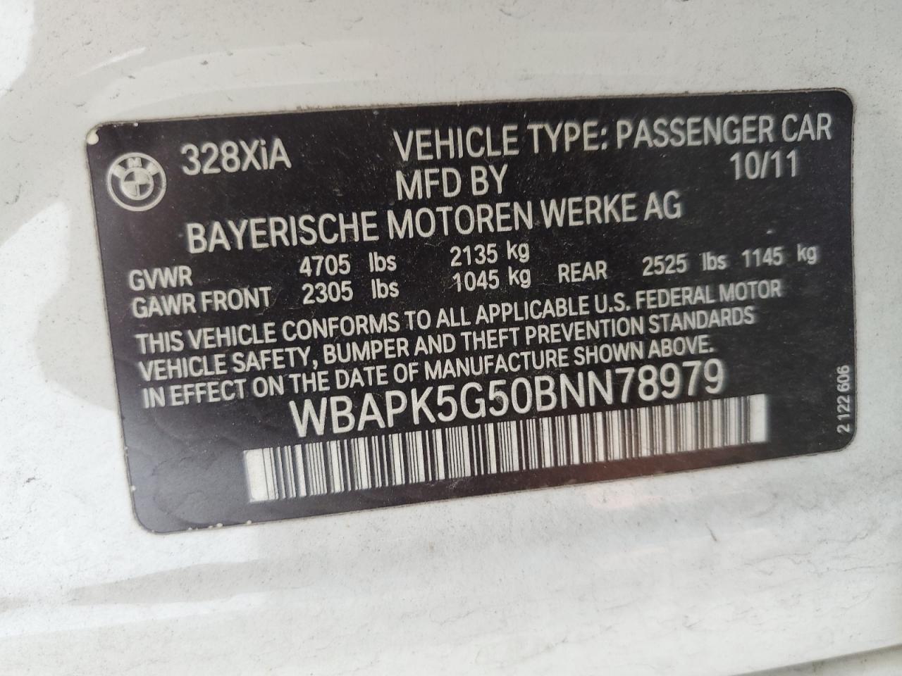 2011 BMW 328 Xi Sulev VIN: WBAPK5G50BNN78979 Lot: 69434195