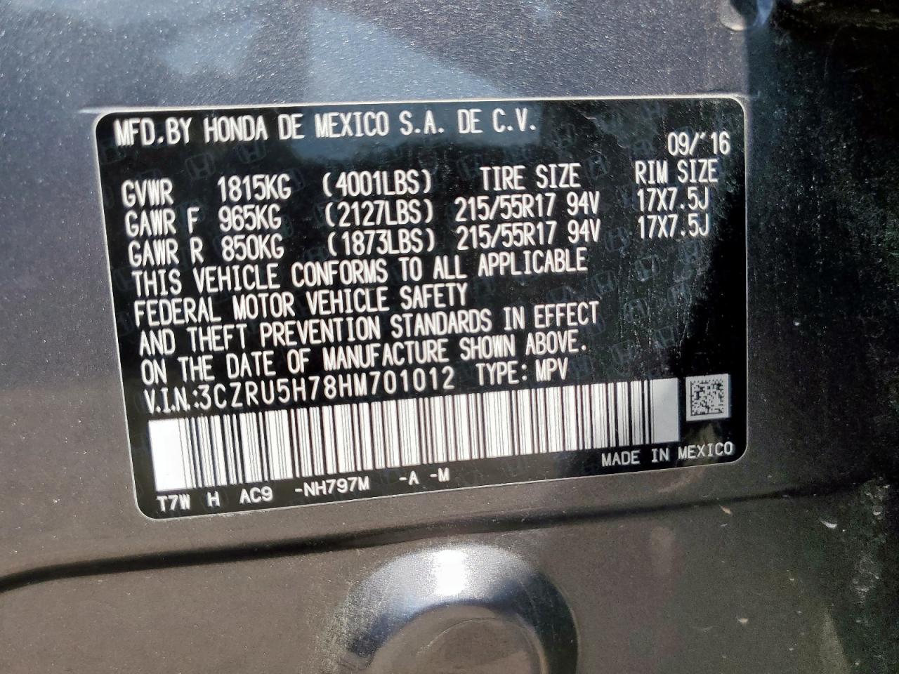 2017 Honda Hr-V Exl VIN: 3CZRU5H78HM701012 Lot: 69947405