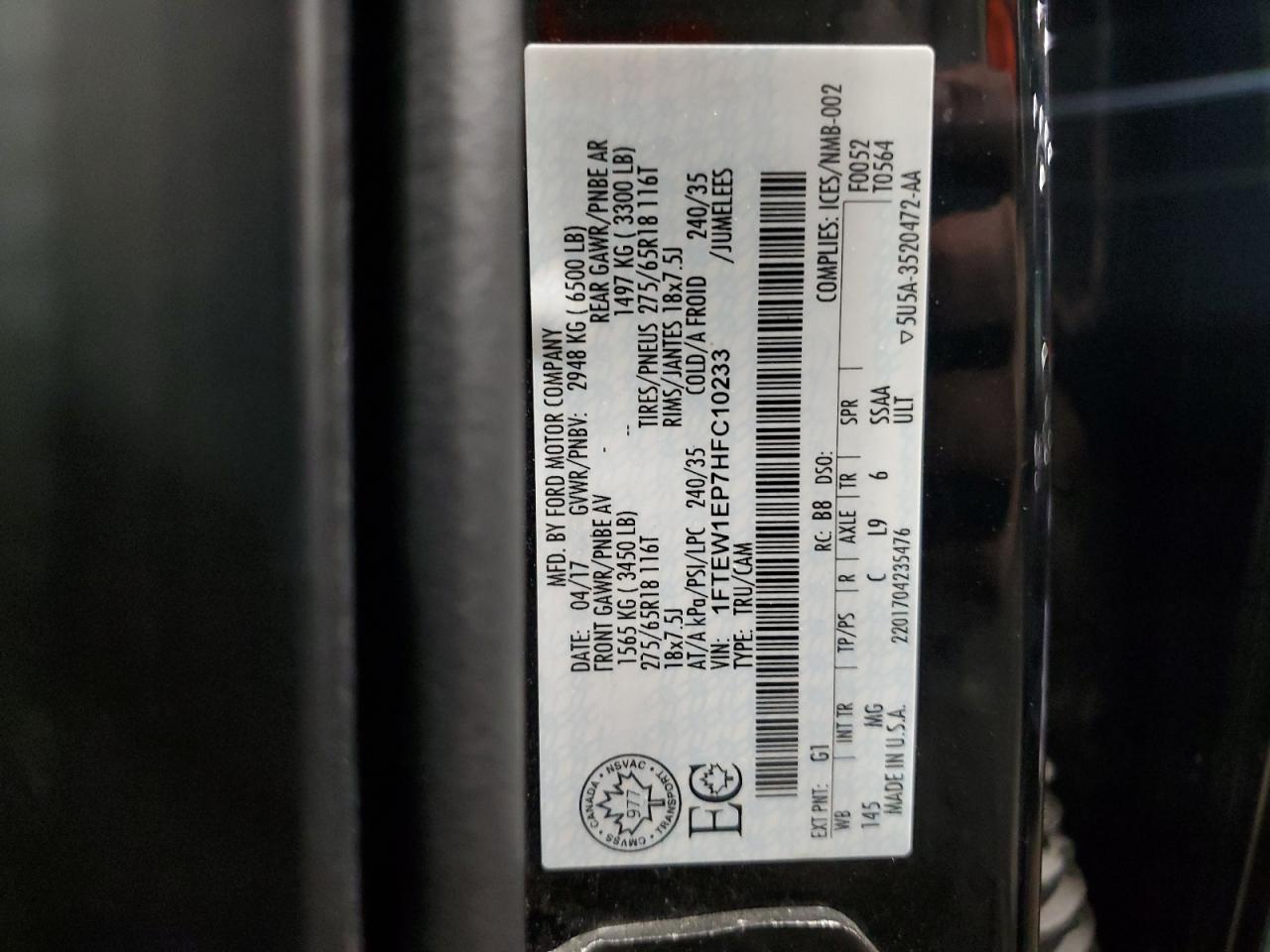 2017 Ford F150 Supercrew VIN: 1FTEW1EP7HFC10233 Lot: 67752965