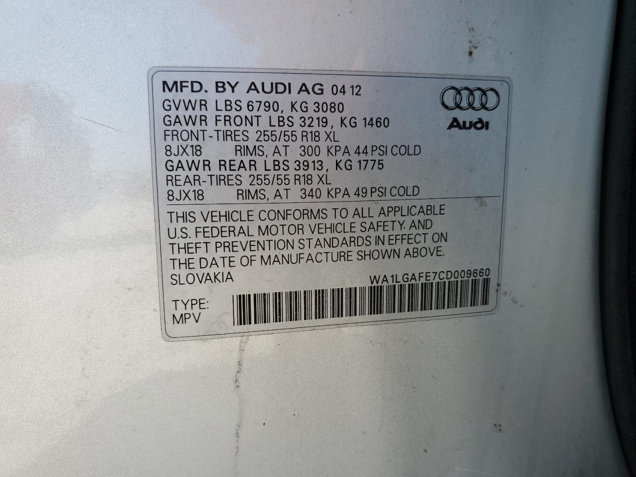 2012 Audi Q7 Premium Plus VIN: WA1LGAFE7CD009660 Lot: 61859355