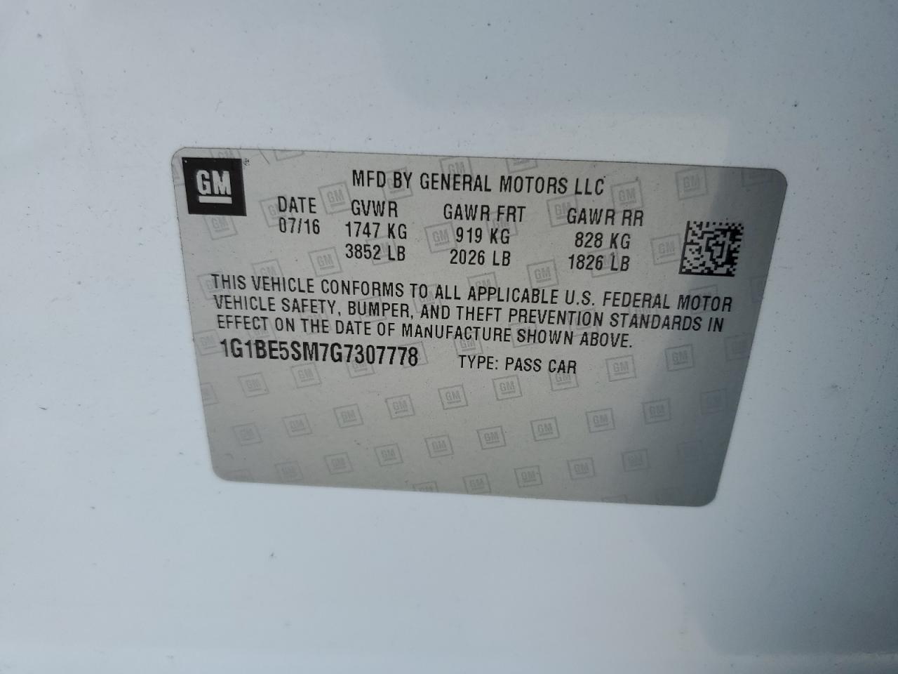 2016 Chevrolet Cruze Lt VIN: 1G1BE5SM7G7307778 Lot: 69046885