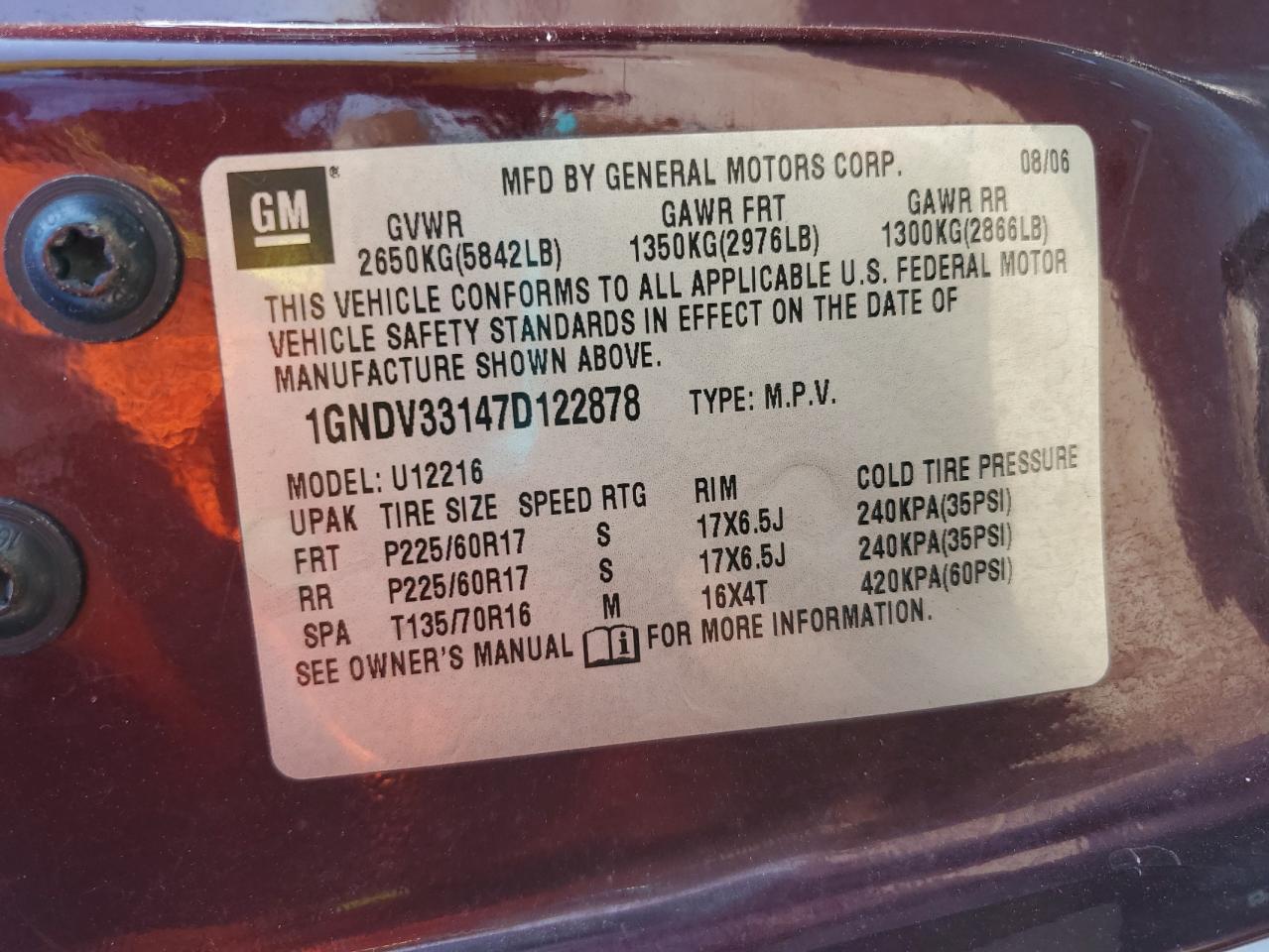 2007 Chevrolet Uplander Lt VIN: 1GNDV33147D122878 Lot: 68140075