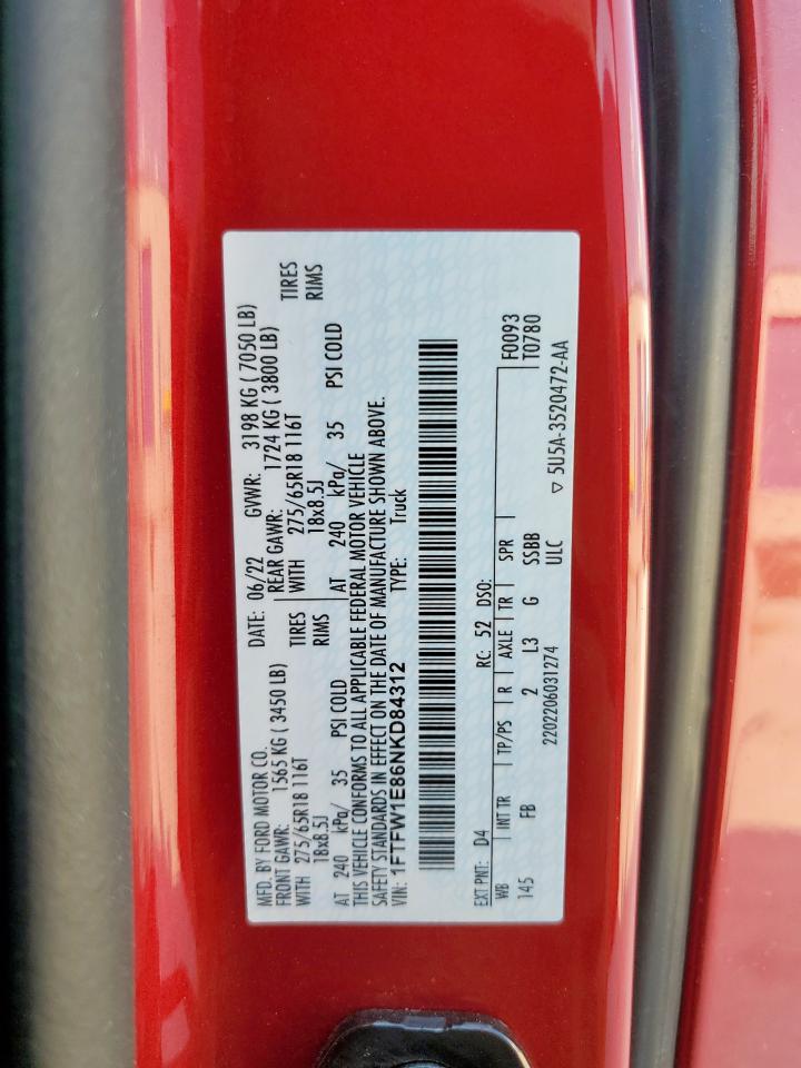 2022 Ford F150 Supercrew VIN: 1FTFW1E86NKD84312 Lot: 70510205