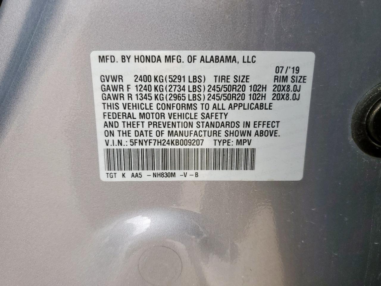 2019 Honda Passport Sport VIN: 5FNYF7H24KB009207 Lot: 66882725