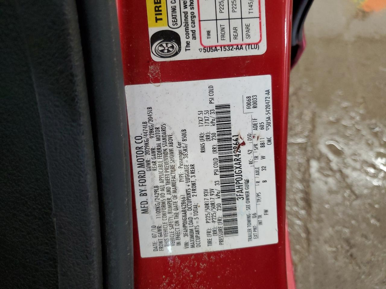 2010 Ford Fusion Sel VIN: 3FAHP0JGXAR428661 Lot: 68671065