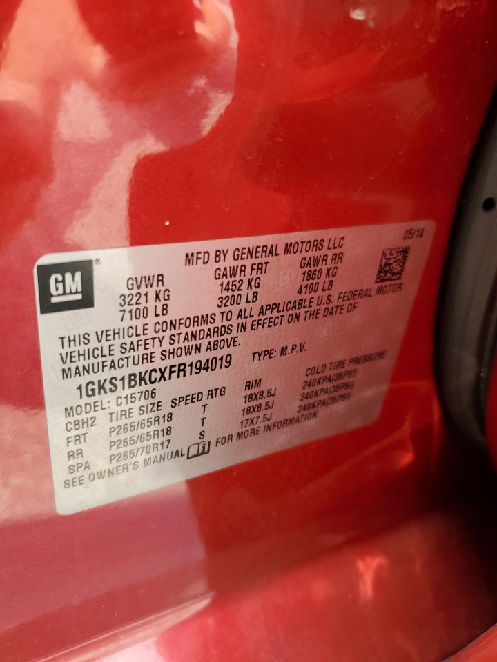 2015 GMC Yukon Slt VIN: 1GKS1BKCXFR194019 Lot: 72058345