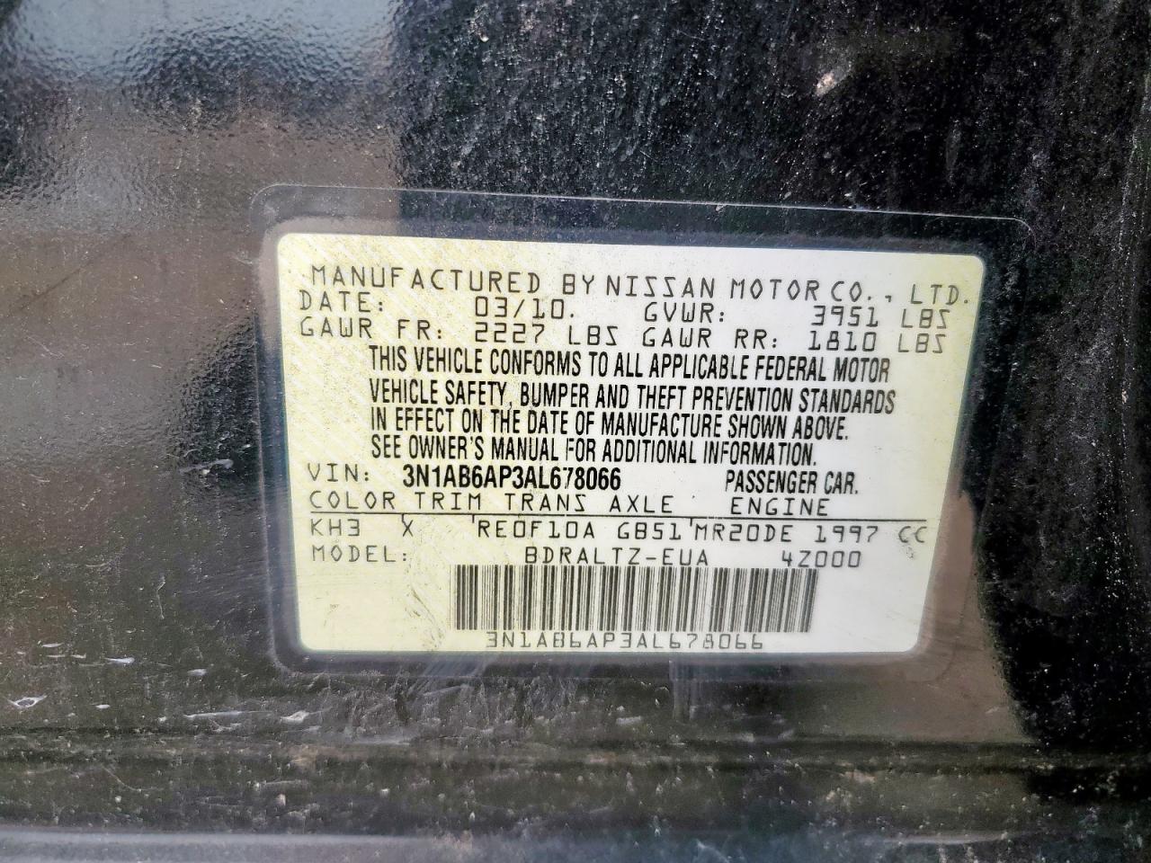 2010 Nissan Sentra 2.0 VIN: 3N1AB6AP3AL678066 Lot: 69889615