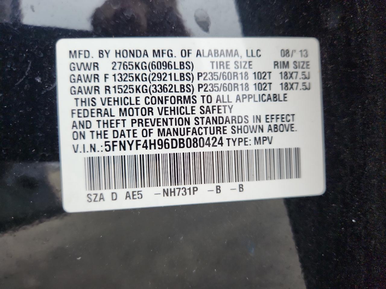 2013 Honda Pilot Touring VIN: 5FNYF4H96DB080424 Lot: 67986745