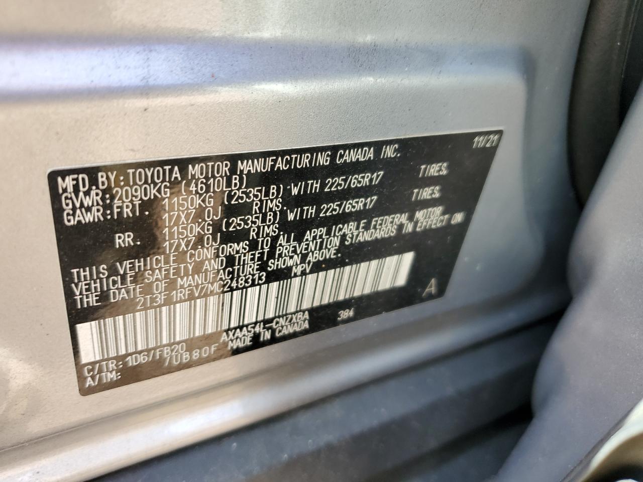 2021 Toyota Rav4 Le VIN: 2T3F1RFV7MC248313 Lot: 68348465