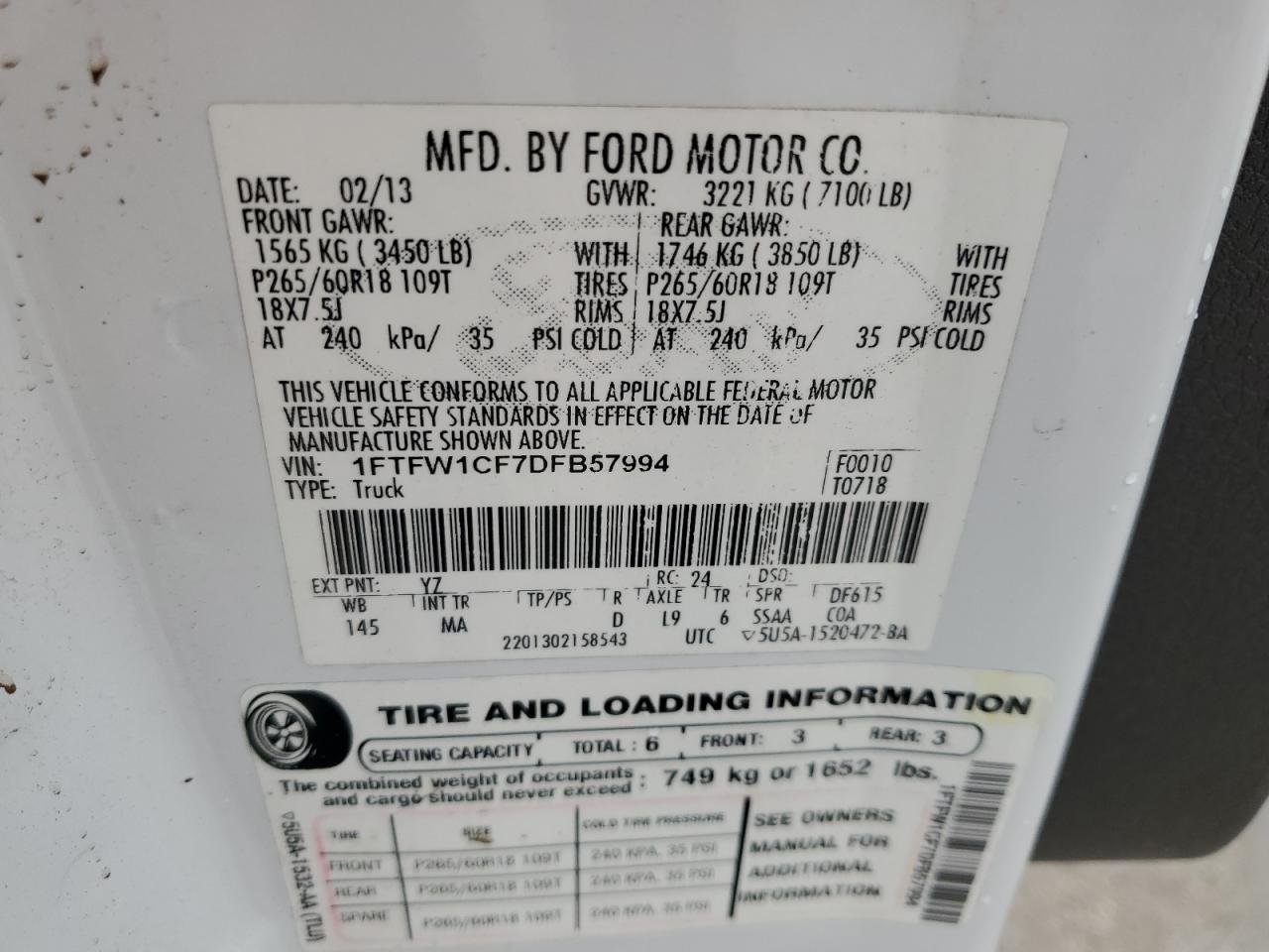 2013 Ford F150 Supercrew VIN: 1FTFW1CF7DFB57994 Lot: 70482035