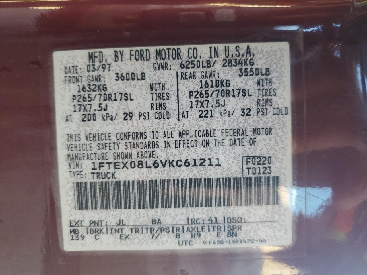 1997 Ford F150 VIN: 1FTEX08L6VKC61211 Lot: 67682345