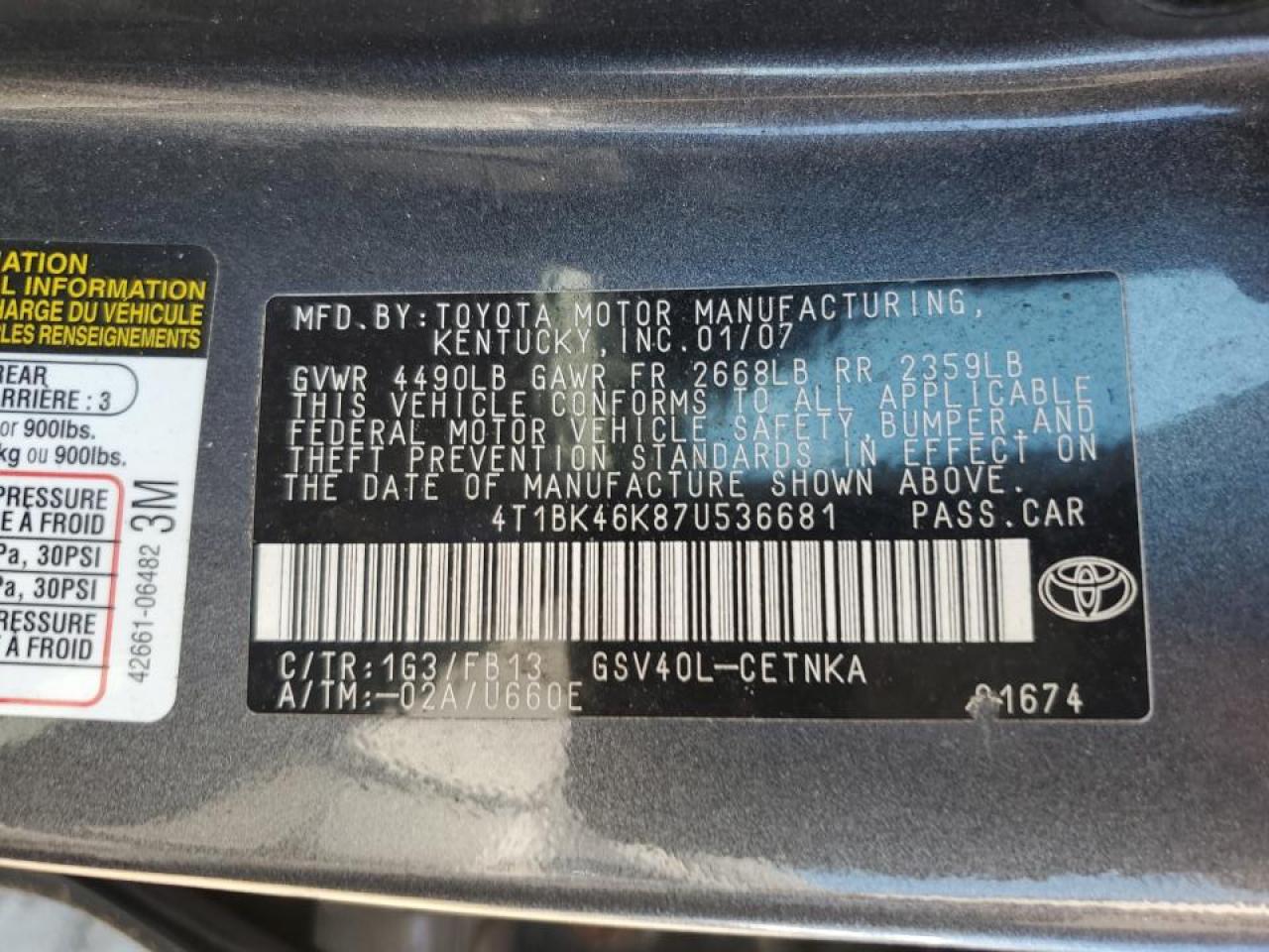 2007 Toyota Camry Le VIN: 4T1BK46K87U536681 Lot: 69881355