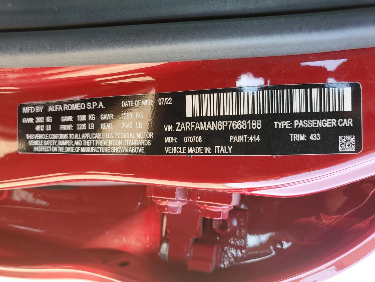 2023 Alfa Romeo Giulia Sprint VIN: ZARFAMAN6P7668188 Lot: 68581655
