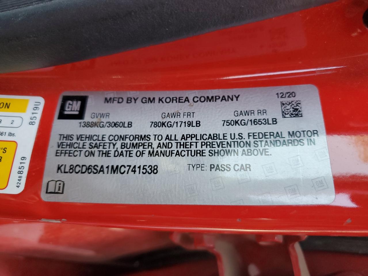 2021 Chevrolet Spark 1Lt VIN: KL8CD6SA1MC741538 Lot: 70116955