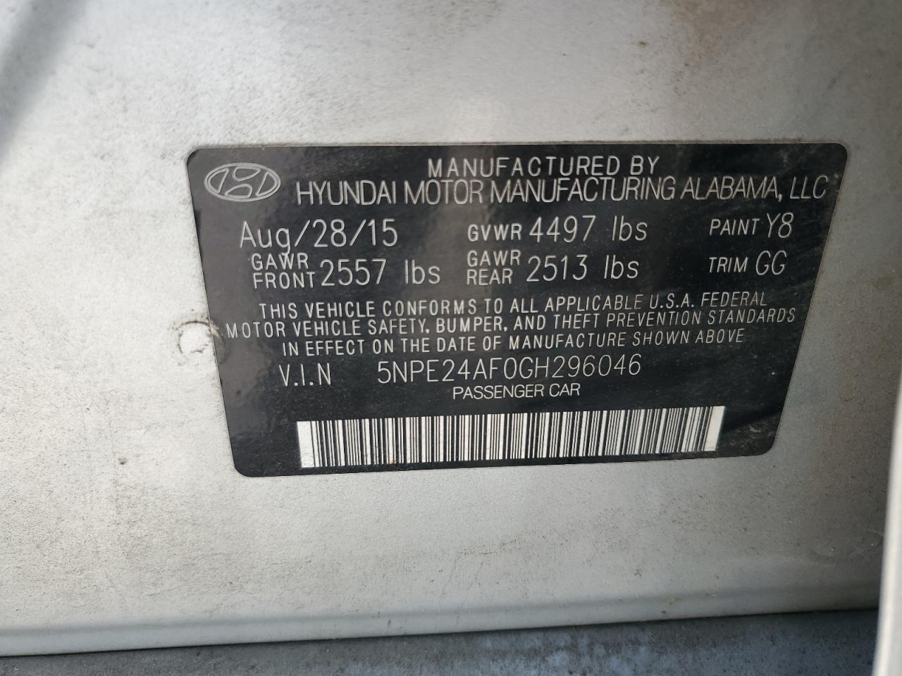 2016 Hyundai Sonata Se VIN: 5NPE24AF0GH296046 Lot: 69069365