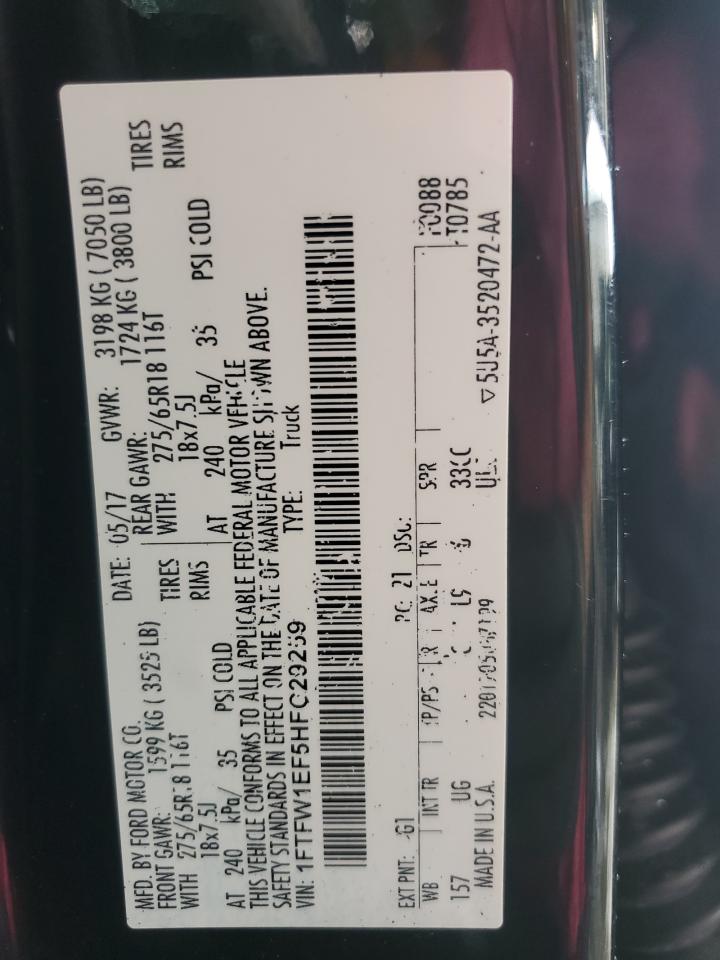 2017 Ford F150 Supercrew VIN: 1FTFW1EF5HFC29259 Lot: 66936565