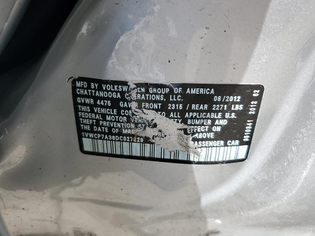 2013 Volkswagen Passat Sel VIN: 1VWCP7A36DC027229 Lot: 70192725