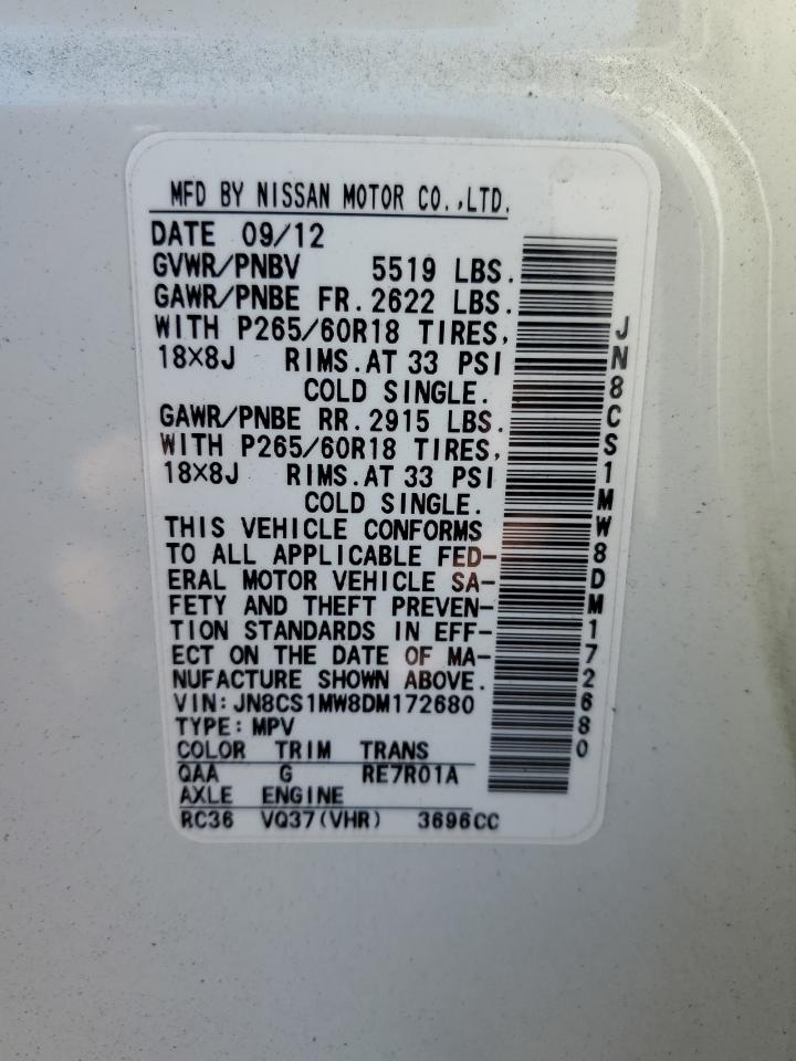 2013 Infiniti Fx37 VIN: JN8CS1MW8DM172680 Lot: 68920505