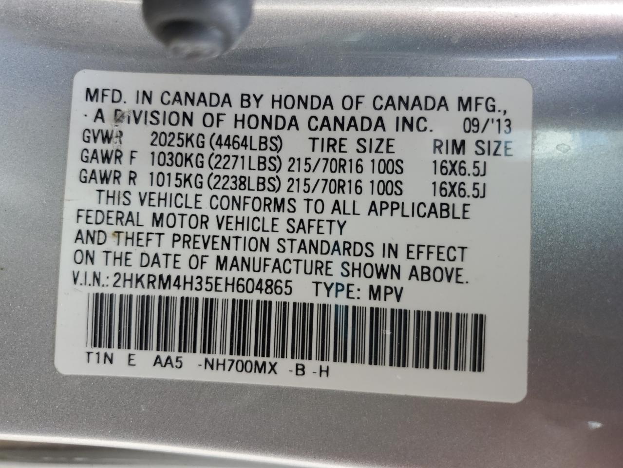 2014 Honda Cr-V Lx VIN: 2HKRM4H35EH604865 Lot: 69746515