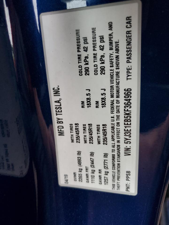 2019 Tesla Model 3 VIN: 5YJ3E1EB5KF364966 Lot: 69658225