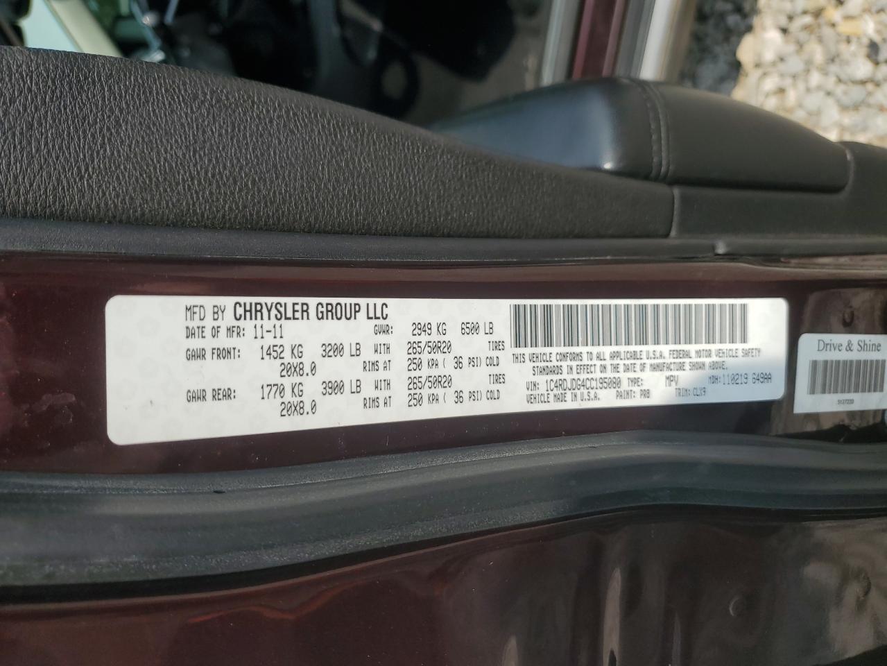 2012 Dodge Durango Crew VIN: 1C4RDJDG4CC195080 Lot: 67248335