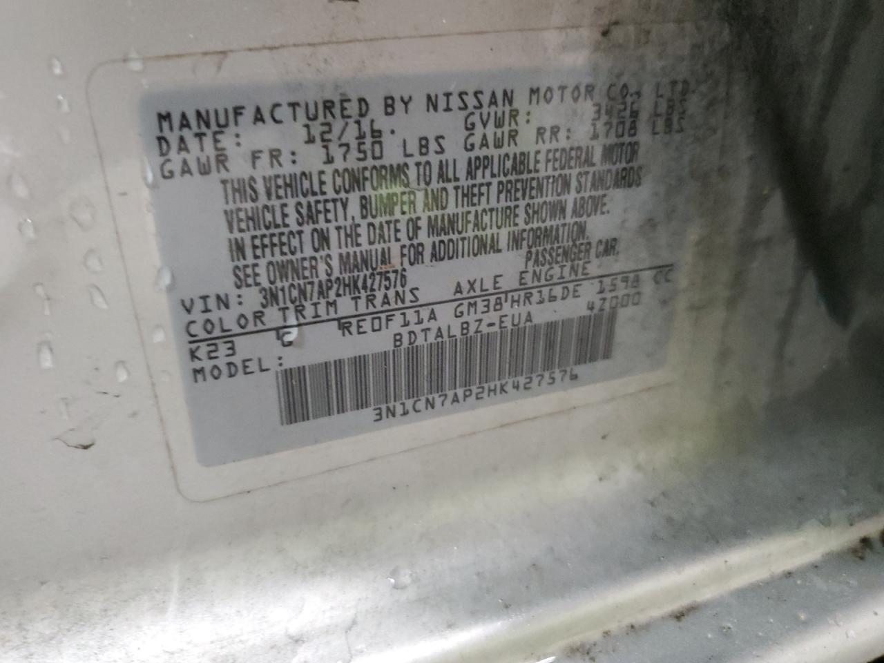 2017 Nissan Versa S VIN: 3N1CN7AP2HK427576 Lot: 67466245