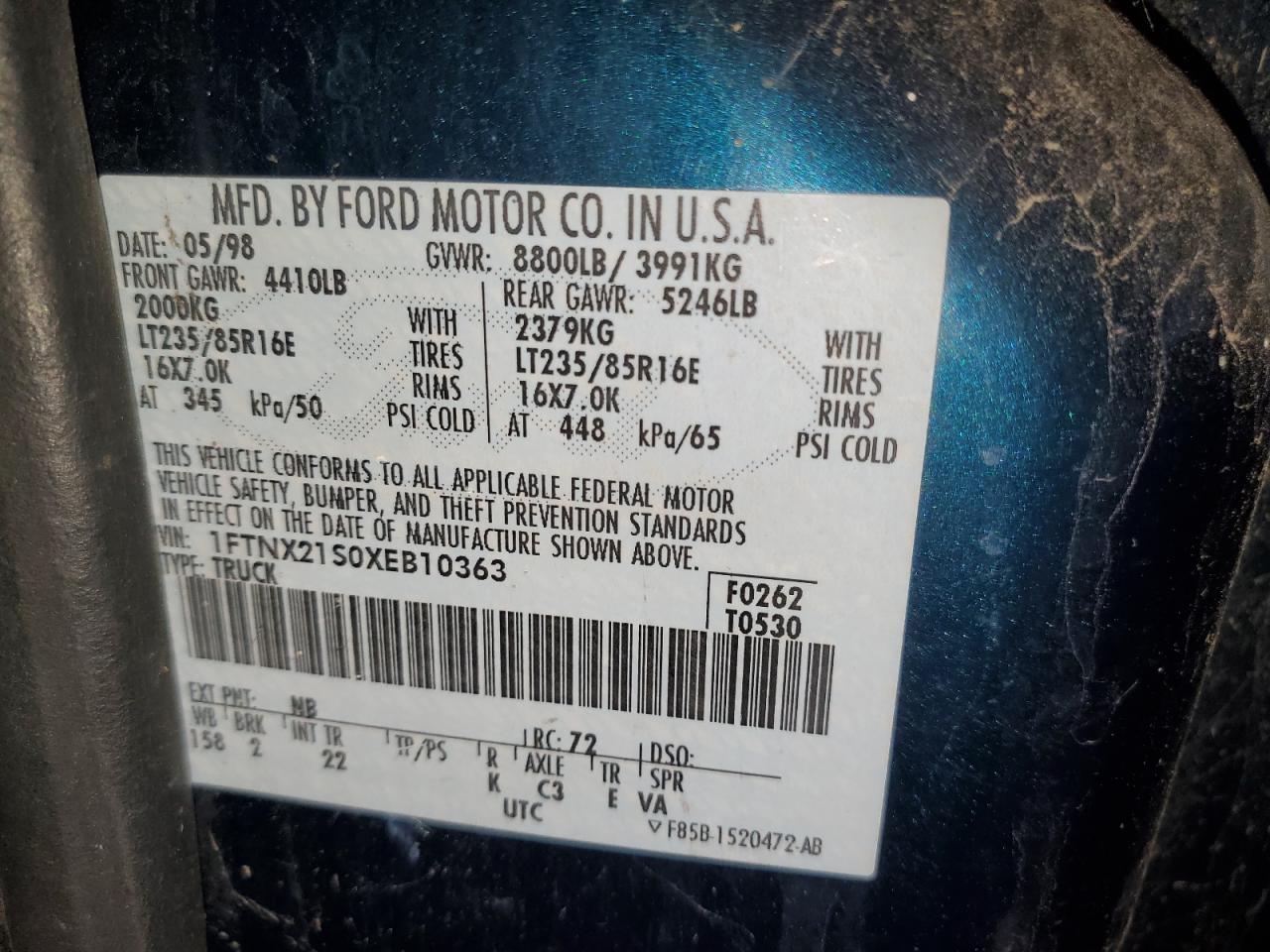 1999 Ford F250 Super Duty VIN: 1FTNX21S0XEB10363 Lot: 69061675