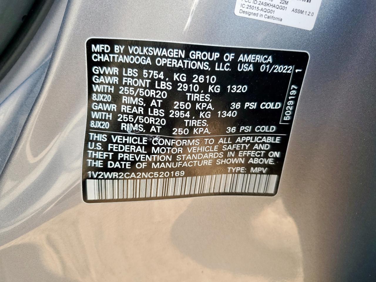 2022 Volkswagen Atlas Se VIN: 1V2WR2CA2NC520169 Lot: 67393835