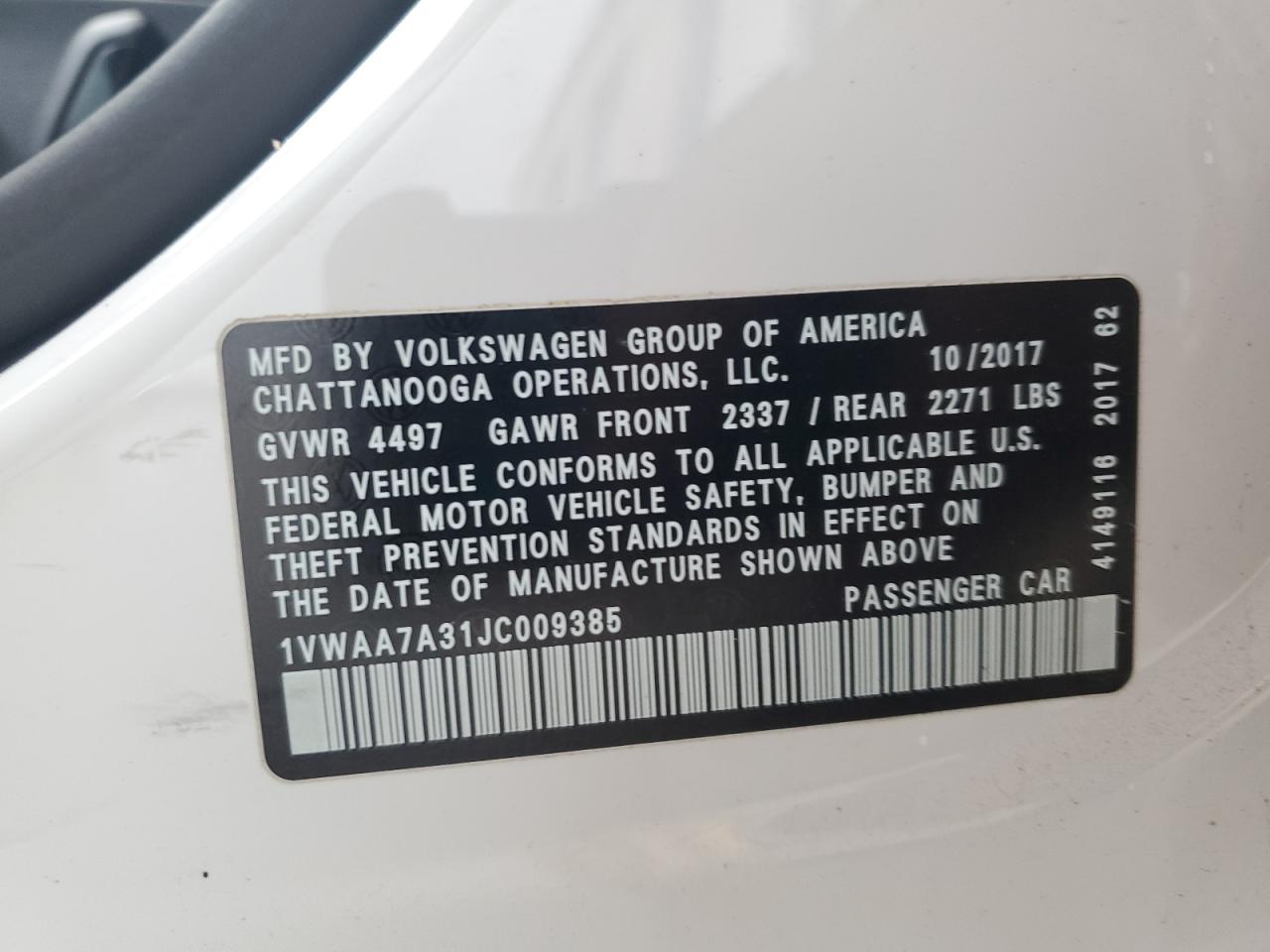 2018 Volkswagen Passat S VIN: 1VWAA7A31JC009385 Lot: 68757605