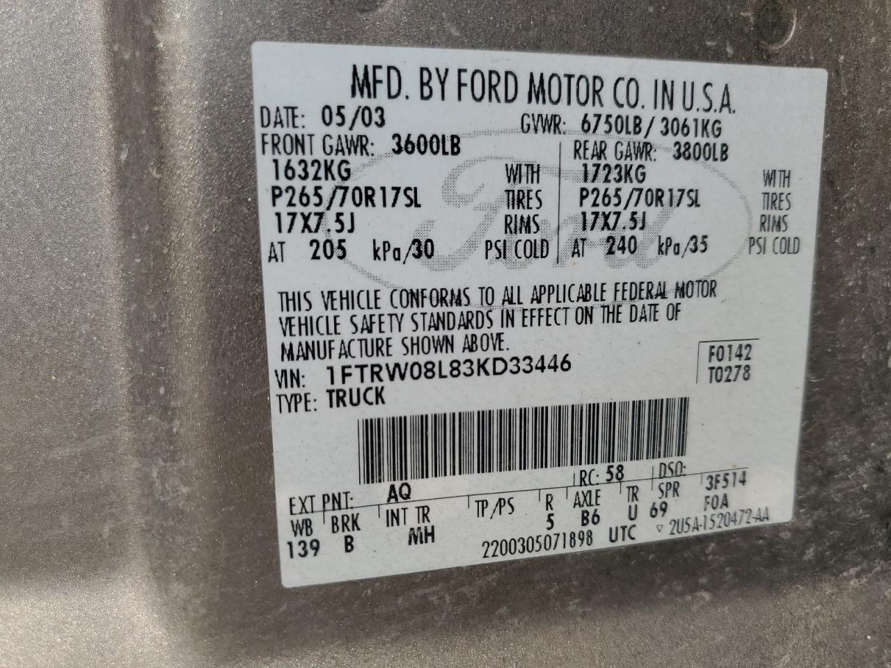 2003 Ford F150 Supercrew VIN: 1FTRW08L83KD33446 Lot: 70340775