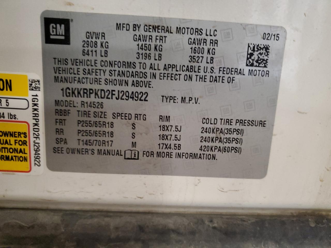 2015 GMC Acadia Sle VIN: 1GKKRPKD2FJ294922 Lot: 67267545