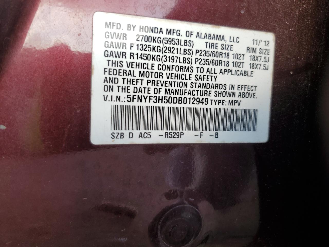 2013 Honda Pilot Exl VIN: 5FNYF3H50DB012949 Lot: 68648145