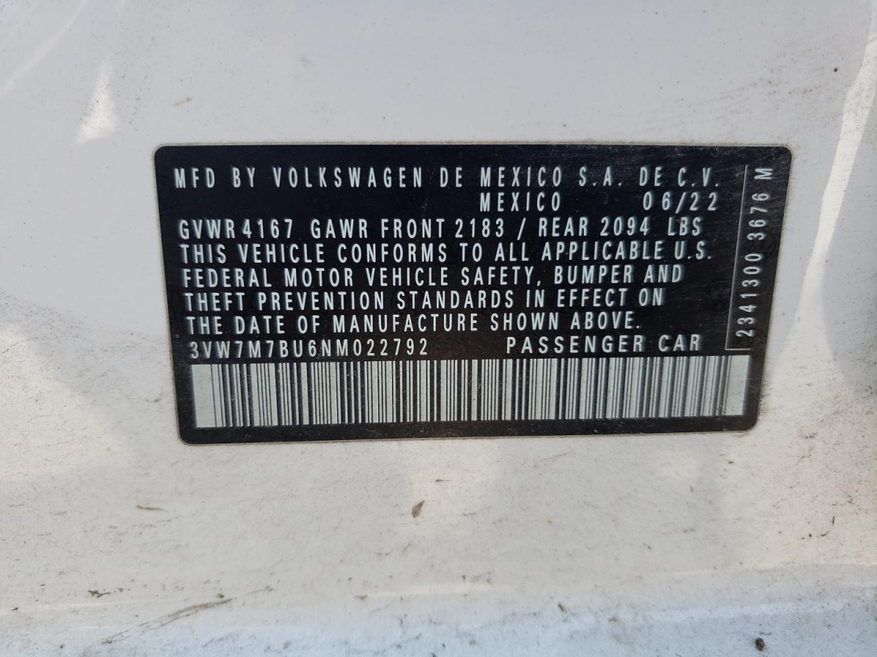 2022 Volkswagen Jetta Se VIN: 3VW7M7BU6NM022792 Lot: 69452025